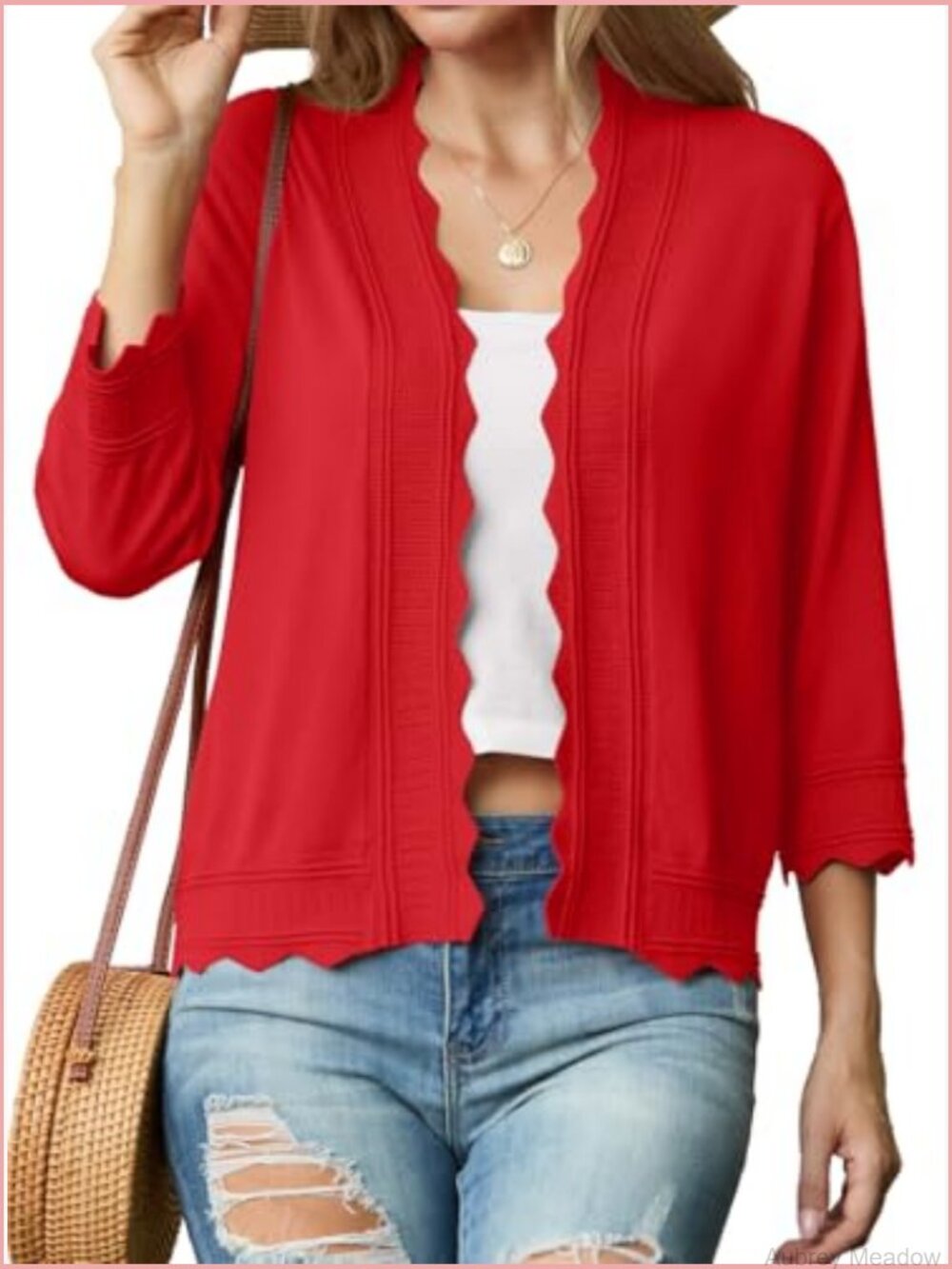Lightweight Summer Cardigan 3/4 Sleeve Open Front Scalloped Trim Knit Sweater - Picture 2 of 5